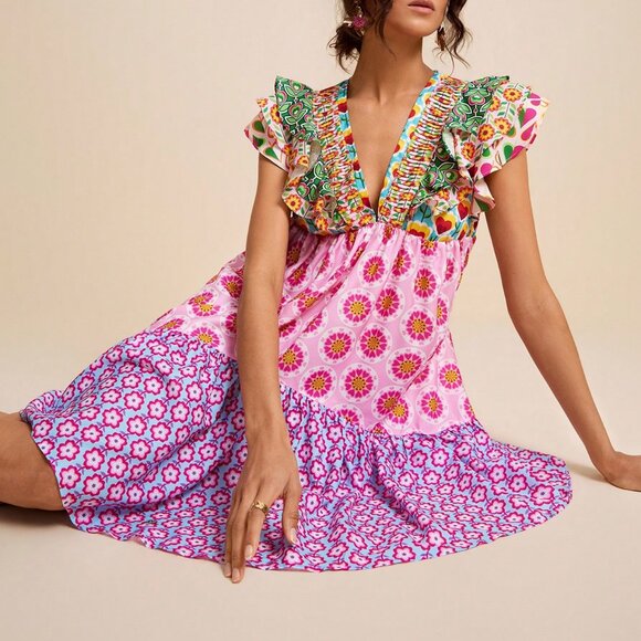 Multicolor Boho Women's Patchwork V-Neck Ruffle Waist A-Line Short Dress - Picture 7 of 8